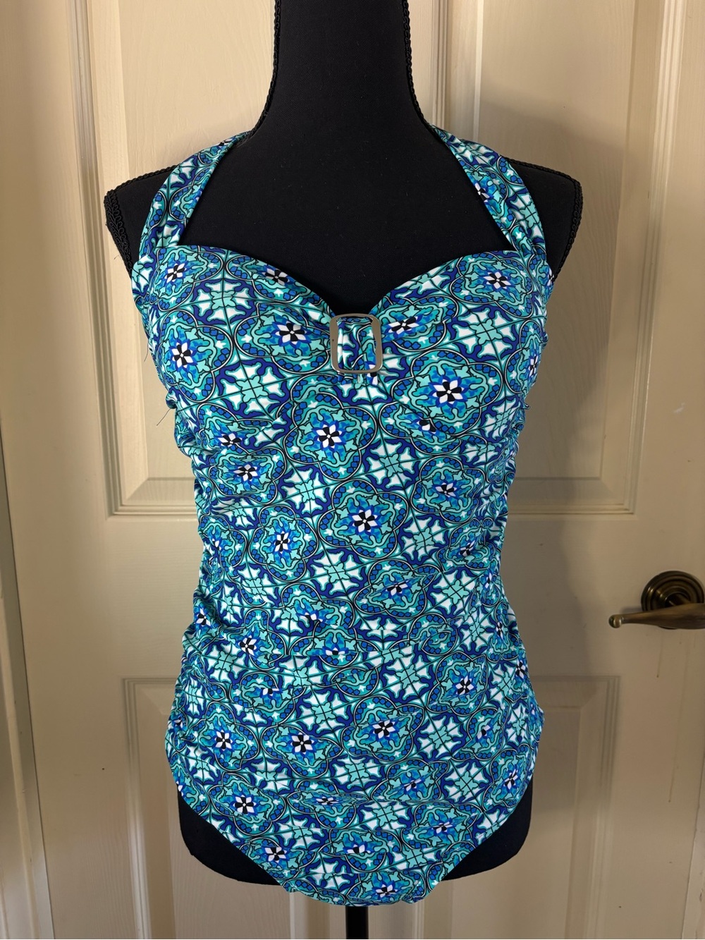 Teal Mosaic Halter One-Piece Swimsuit with Buckle Detail